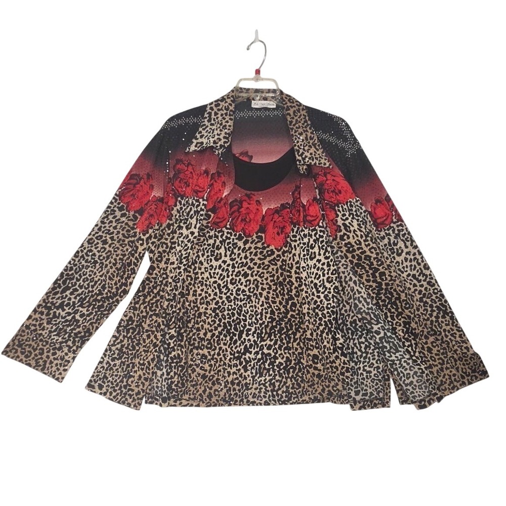 Sole Dione Studio 2X Leopard Rose Print Shirt & Tank 2pc Set Sequin Accents